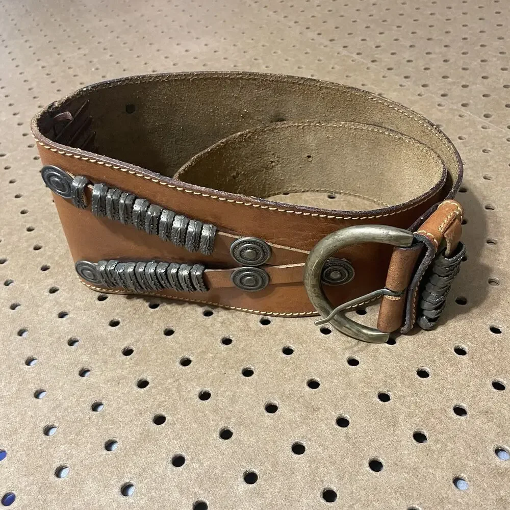 Vintage Handmade Leather Belt Brown Tooled Weightlifting Western Metal Girth
